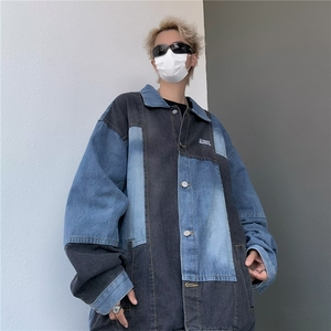 美式拼接牛仔衬衫男女秋季新款拼色潮牌宽松休闲夹克外套JK3328-1图片