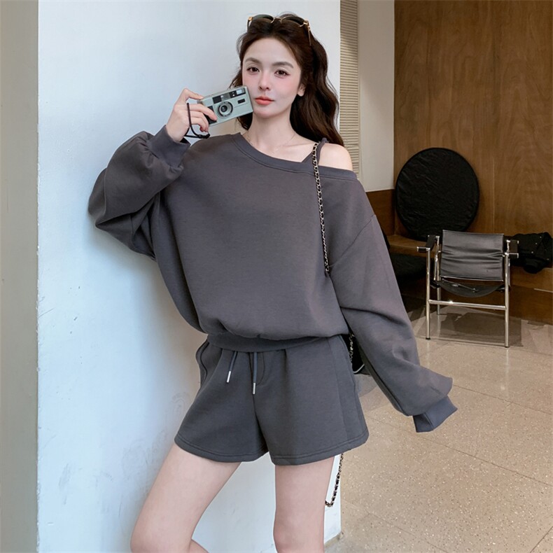 新品灰色露肩卫衣+短裤套装2C158-6041-P155-K248,女装套装/套裙,2C158