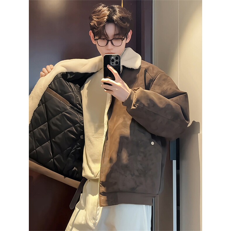 现货冬季美拉德毛领雾面PU皮棉服加绒加厚保暖百搭设计款情侣棉衣图片
