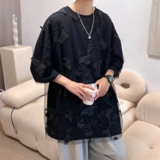 男圆领T恤宽松短袖假两件蝴蝶网纱短袖T061P33，男装T恤，星座1116-2