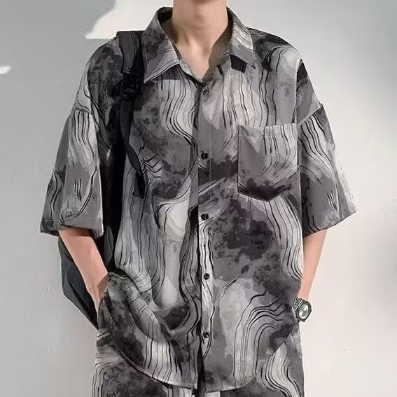 3720-P24夏季新款水墨扎染冰丝短袖衬衫男衬衣套装,男装休闲套装,电商B323A