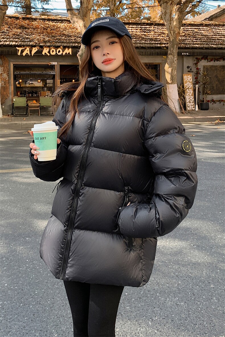 男女同穿冬季黑色鹅绒羽绒服短款新款高级感炸街加厚连帽面包服,女装羽绒服,韩蜜菓