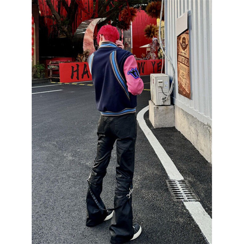 春秋新款情侣粉色袖短款棒球服高街vibe拼接男百搭夹克外套J4111,男装夹克,星座1116A（原606A-3）