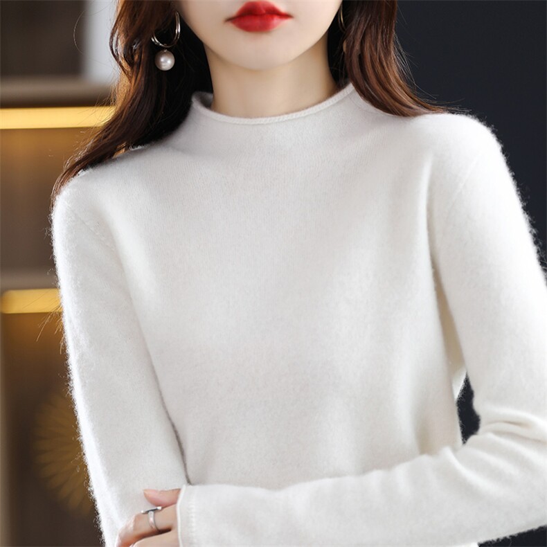 一线成衣卷边半高圆领简约2024年秋季羊毛衫,女装羊毛衫,片语羊绒