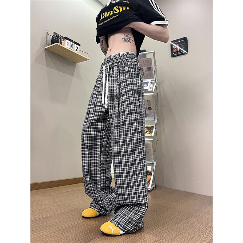 XK468-P35灰色格子裤男夏季薄款慵懒松弛感美式休闲阔腿直筒裤图片