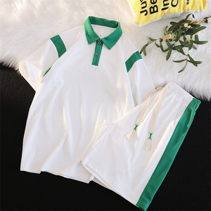 现货主推大码港风情侣冰丝日系polo五分裤休闲运动套装S14P60