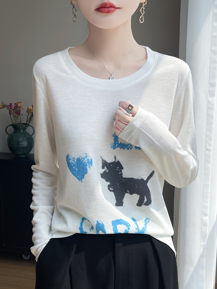 2025秋冬百搭时尚小狗印花长袖，女装针织衫/毛衣，羊特美羊绒
