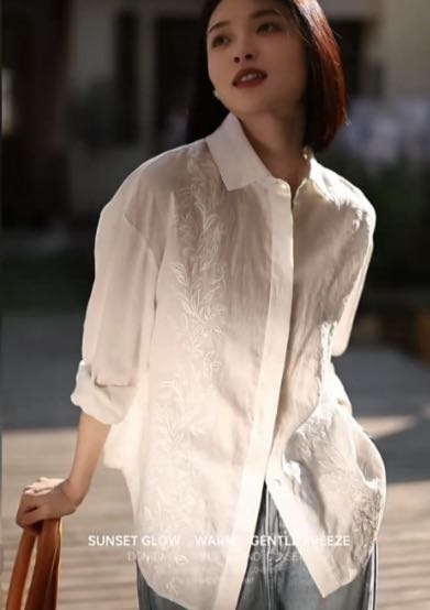 春夏新款亚麻重工刺绣白色翻领气质衬衫,女装衬衫,湘姗