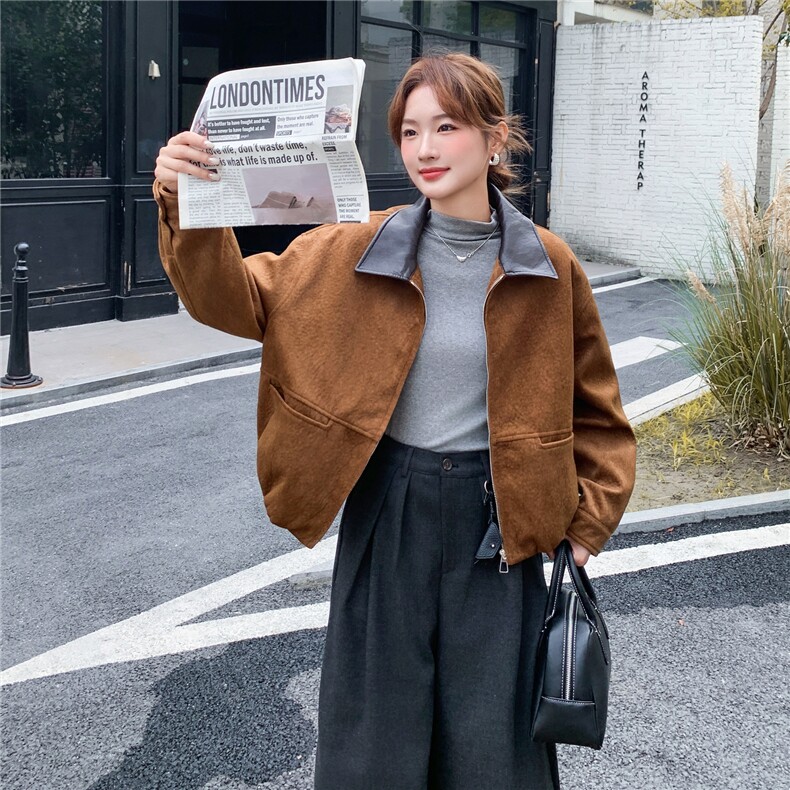 氛围感撞色拼皮翻领90羽绒夹克女2025冬季新款气质通勤风淡人外套,女装羽绒服,2D045