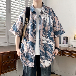 精品花衬衫男短袖夏季痞帅休闲上衣服外套翻领大码衬衣男A012TP25