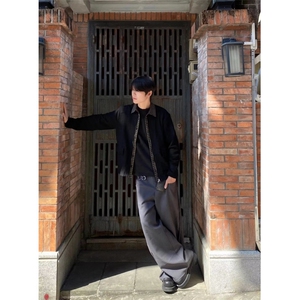 美拉德棕色假两件短款飞行员夹克男士秋冬季双领设计感棒球服外套图片