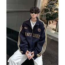 美式复古拉链条纹开衫潮牌高级感运动宽松夹克,男装夹克,四季星座505, 美式复古拉链条纹开衫潮牌高级感运动宽松夹克,男装夹克,四季星座505,