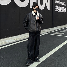 美式复古加绒保暖羊羔绒pu皮棉衣外套男宽松加厚棉服机车服p128，男装棉衣，电商C307