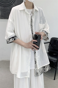 新中式男装衬衫风山水纹假两件八分短袖衬衣XZ514-2-202421-P68图片