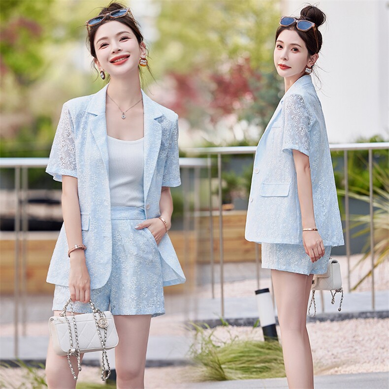 现货秒发2024夏装新款高品质2件套软面蕾丝透气西装套装短裤套裤，女装套装/套裙，星宇服饰