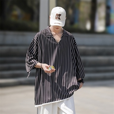 2024夏装假两件条纹冰丝短袖衬衫男宽松衬衣C501P40，男装衬衫，电商C323