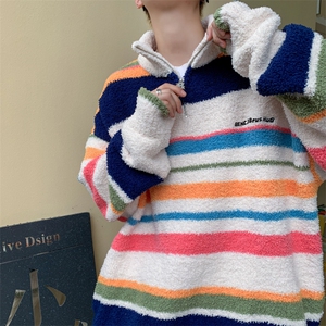 撞色条纹情侣毛衣冬季高级感美式潮牌半拉链针织衫男 M1598-P62图片
