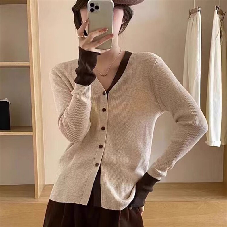 早秋新款V领羊毛开衫女宽松韩版拼色薄长袖针织外搭显瘦抽条上衣,针织衫/毛衣,千御纺羊绒