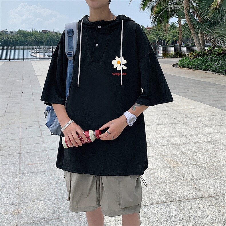 LD54059-P45 连帽短袖t恤男大码胖子带帽五分袖中袖图片