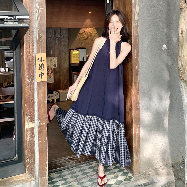 韩系格纹拼接连衣裙女2025夏季新款时尚设计感巨好看绝美吊带长裙,女装连衣裙,2C167
