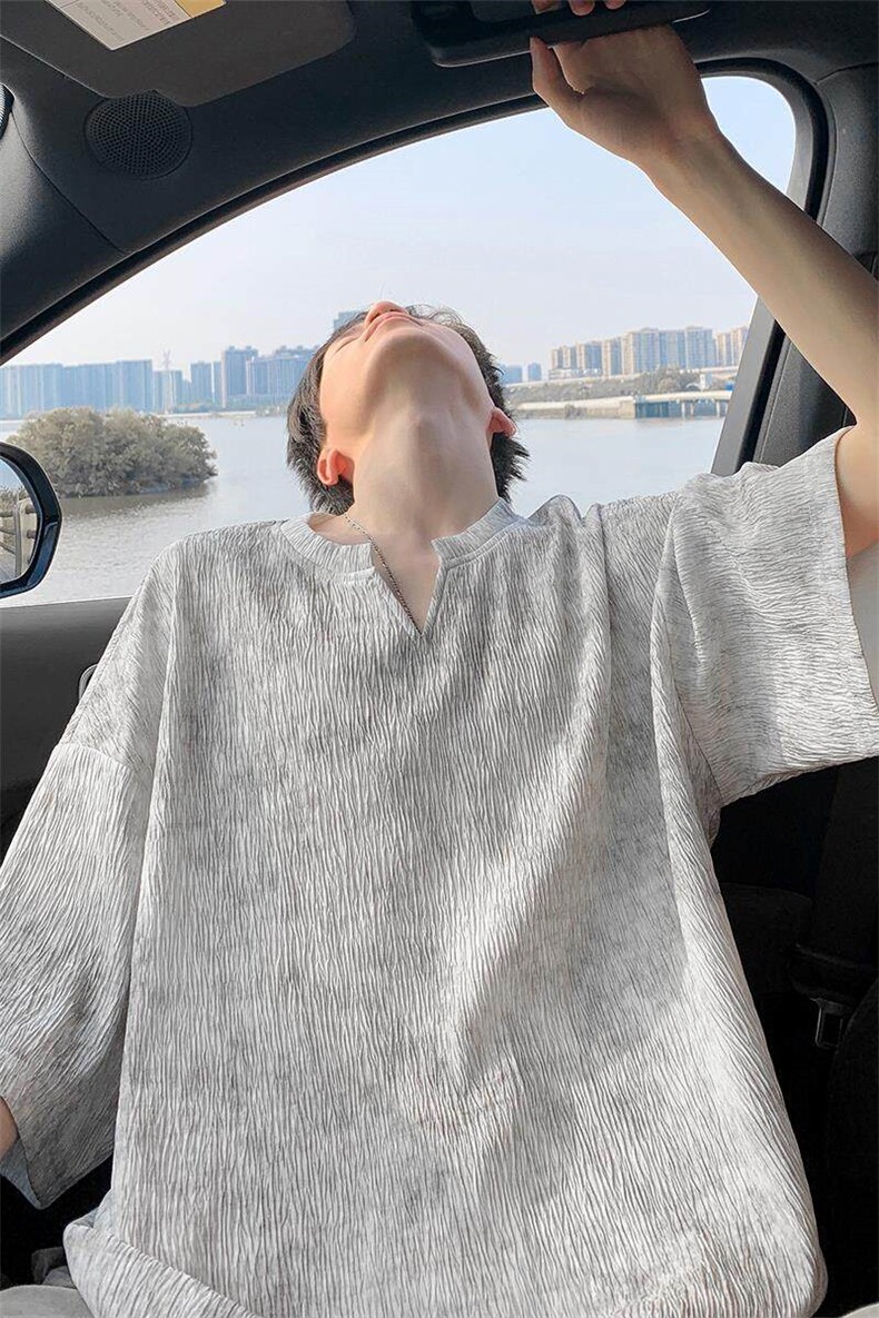肌理感t恤男款短袖夏季薄款冰丝宽松大码小v领oversize半袖体恤衫,男装T恤,电商A001-1