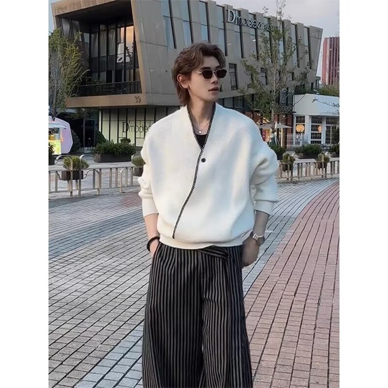 纯色开衫毛衣男秋冬潮流网红针织衫慵懒风V领加厚宽松毛线衣外套,男装针织衫/毛衣,星座506A