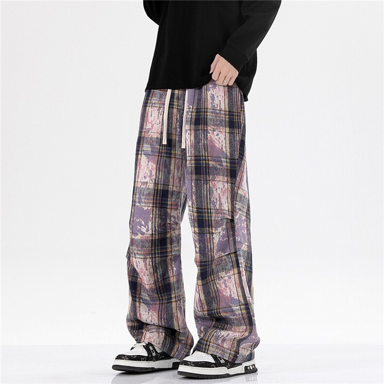 2025港风小香风扎染抽绳休闲裤膝盖褶皱大码M-5XL工装裤77937P45，男装工装外套，星座227-7