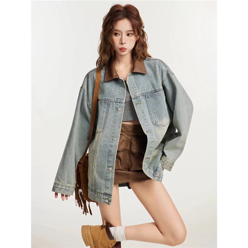 美式复古pu皮拼接牛仔外套男女春秋潮牌街头宽松BF夹克W6631-P75图片