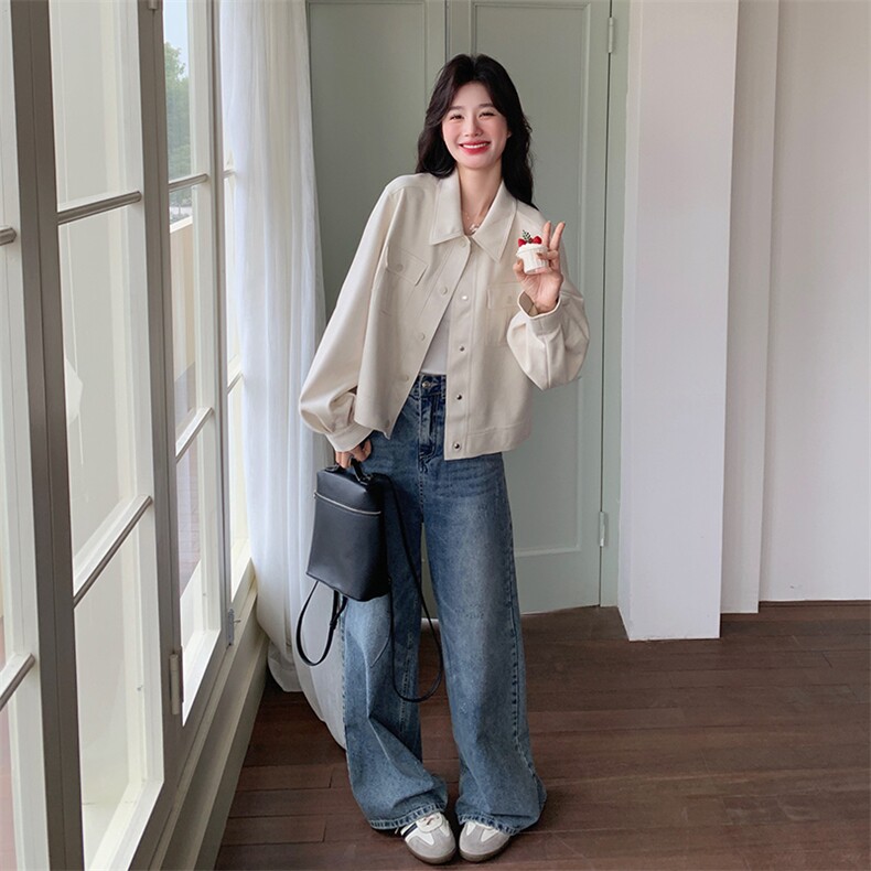 白色休闲麂皮绒短外套女2025春新款韩版百搭减龄小个子设计感夹克,女装短外套,2C272