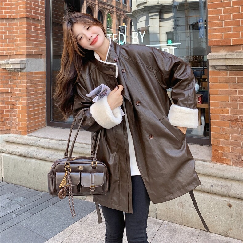 咖色羊羔毛拼接PU皮衣外套女加厚加绒夹克2C206-L606-P195-K298,女装派克服,2C206