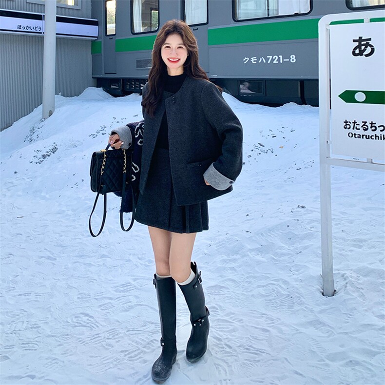 灰色小香风毛呢羽绒服半身裙套装B82-P255-K373,女装套装/套裙,浙宝191（原浙宝008）
