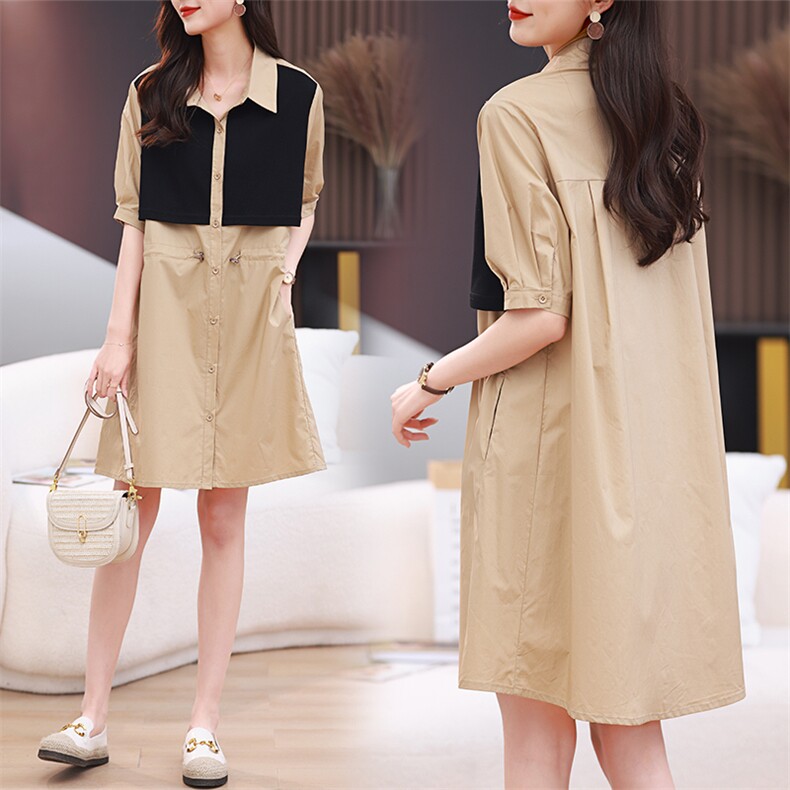 现货2023夏季新款腰间半抽绳假两件衬衫连衣裙，女装连衣裙，深水步