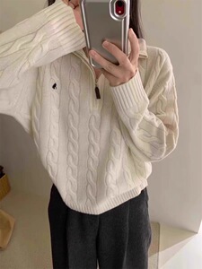 美式复古翻领半拉链麻花毛衣2025秋冬女款软糯慵懒风高领针织上衣图片