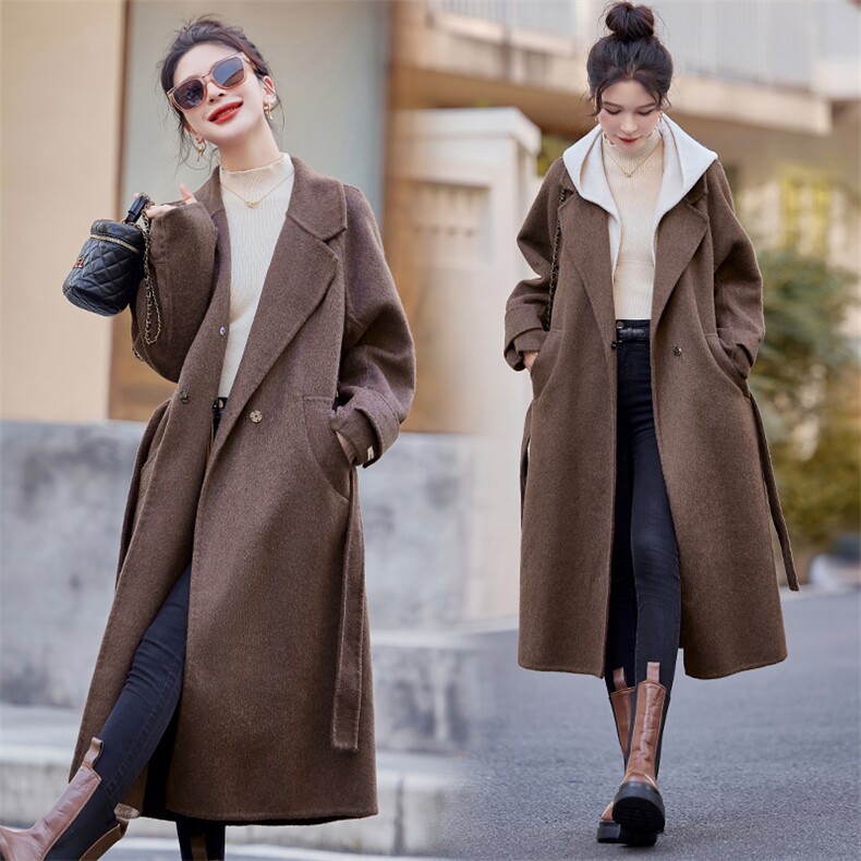 2024冬装新款拼色连帽双面羊毛呢大衣，女装双面呢大衣，橙子家