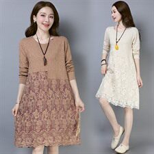 优雅蕾丝拼接长袖连衣裙显瘦气质女装，女装连衣裙，江忆布依