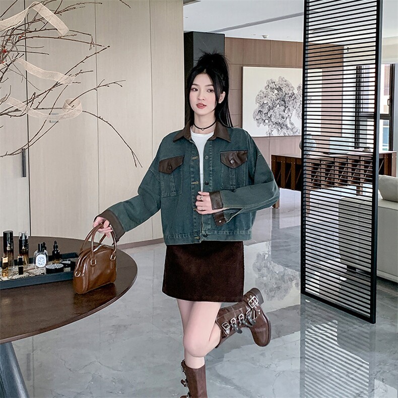 美式pu皮拼接牛仔外套女秋季新款复古宽松短款长袖上衣NZ065-88,男装工装外套,星座911-3