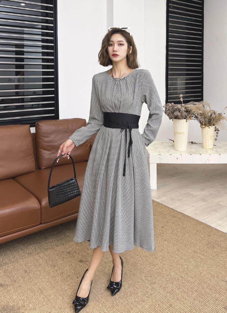 千鸟格撞色腰带连衣裙，女装连衣裙，迪蔓君翔