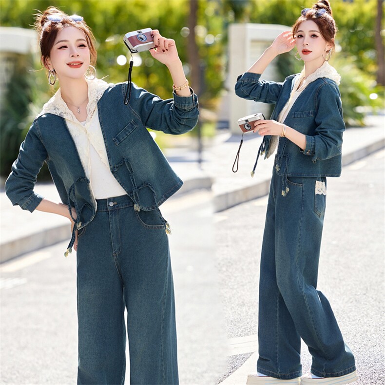 新中式蕾丝拼接牛仔套装女2026春季新款复古盘扣时尚两件套潮，女装套装/套裙，欣品汇
