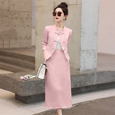 主推新款新中式盘扣春秋气质减龄舒适流行设计感套裙两件套，女装套装/套裙，韩美纤衣
