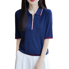 拼色POLO领休闲天丝针织短袖T恤女2025夏季时尚洋气小衫薄款上衣，女装针织衫/毛衣，唐诺