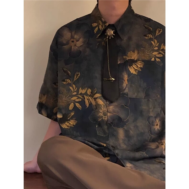夏季美式潮牌休闲新中式古着感港风印花衬衫领带短袖上衣男CS5263,男装T恤,星座208-5