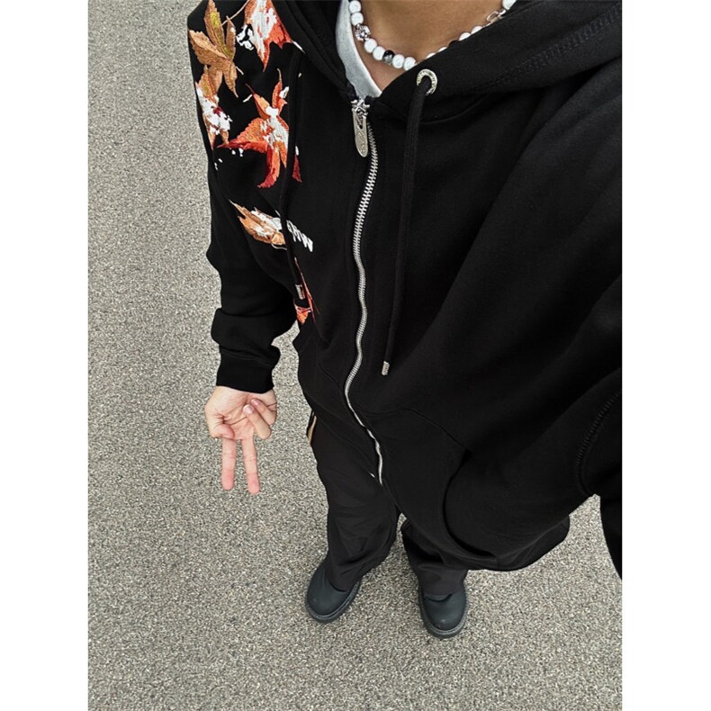 706-1-WY1606-P78秋季男士飘落枫叶刺绣连帽卫衣潮开衫外套,女装短外套,星座706-1