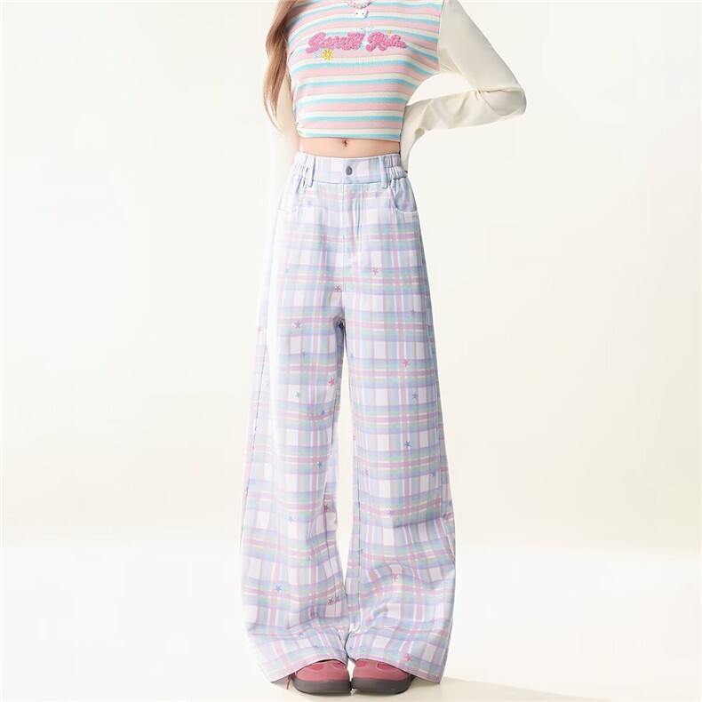 自然涩多巴胺紫色格纹休闲裤女夏薄款小个子穿搭阔腿长裤子春秋款图片