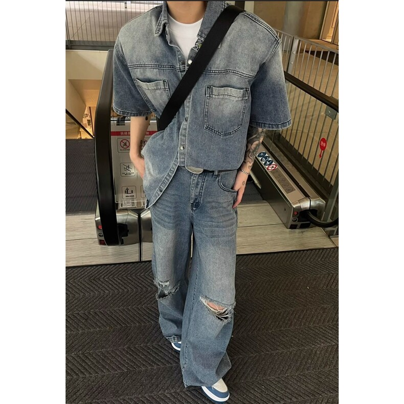美式复古小众做旧牛仔衬衫男高街痞帅潮牌破洞牛仔裤衣服一套搭配,男装衬衫,星座1210-1