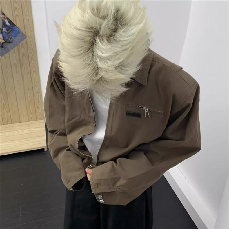 巴恩风廓形重磅短款夹克男洗水连帽假两件Cleanfit工装外套TJK206,男装夹克,星座208-5
