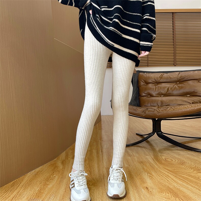 新款高腰显瘦宽条纹小脚打底裤羊毛微弹柔软百搭时尚，女装打底裤，浩新羊绒