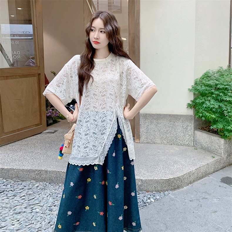 时尚气质不规则蕾丝衫套装女减龄少女感2025夏新款阔腿裤两件套潮,女装套装/套裙,2C317