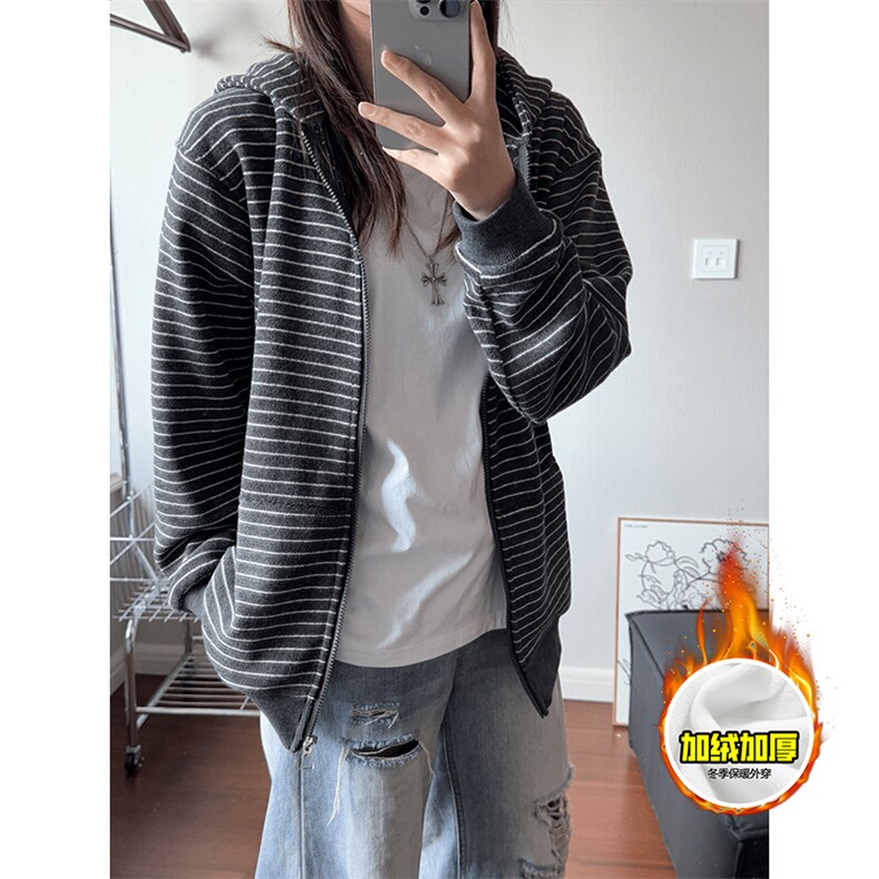 480G重磅加绒硬挺boxy男女秋冬美式高街条纹毛呢卫衣开衫厚外套，女装短外套，电商A486