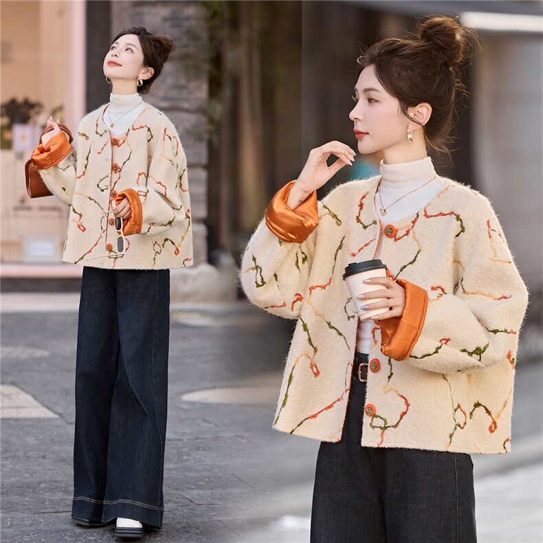 撞色提花单排扣毛呢外套女2025春秋新款高级轻奢小香风短款外套,女装毛呢外套,流量+