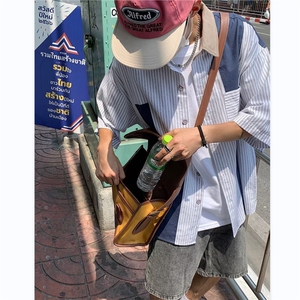 日系阿美咔叽薄款条纹拼接工装短袖衬衫男夏季休闲衬衣CY211-P34图片